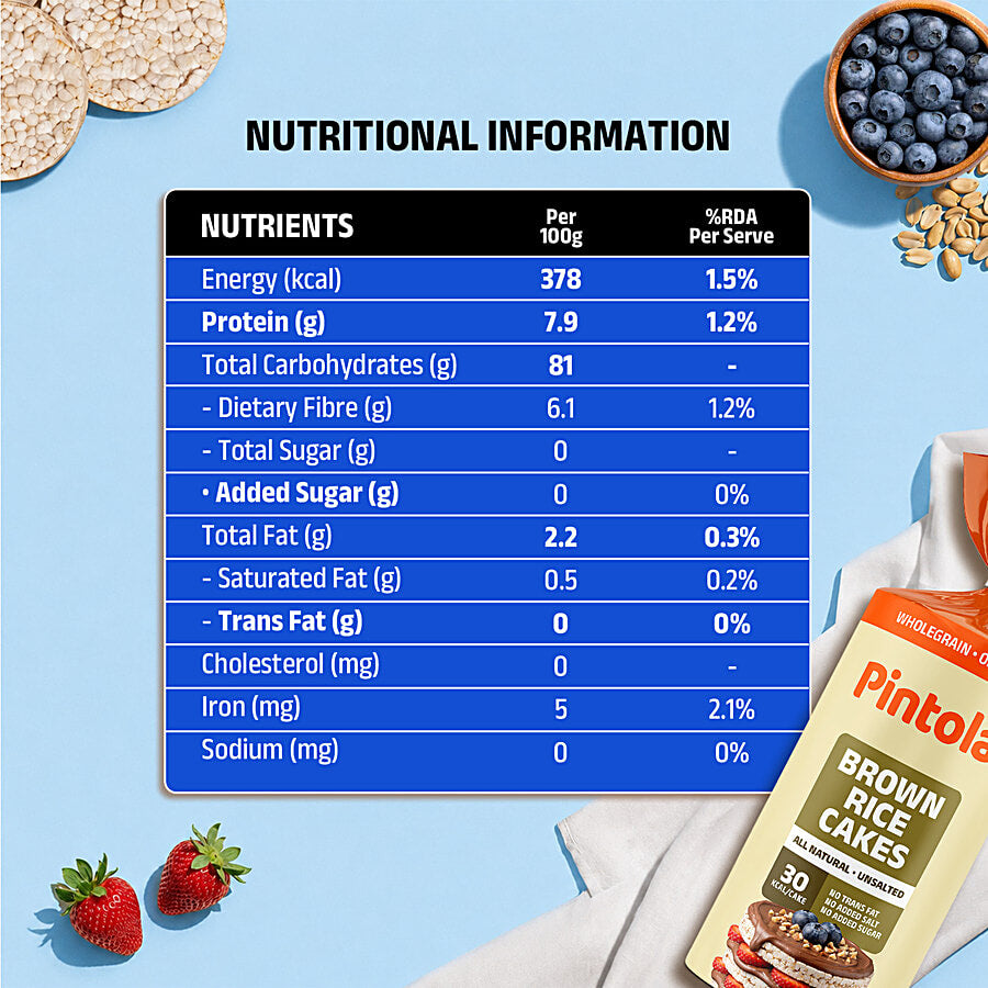 Pintola Organic Wholegrain Brown Rice Cakes All Natural Unsalted 130 g — nutritional information for current orange pack