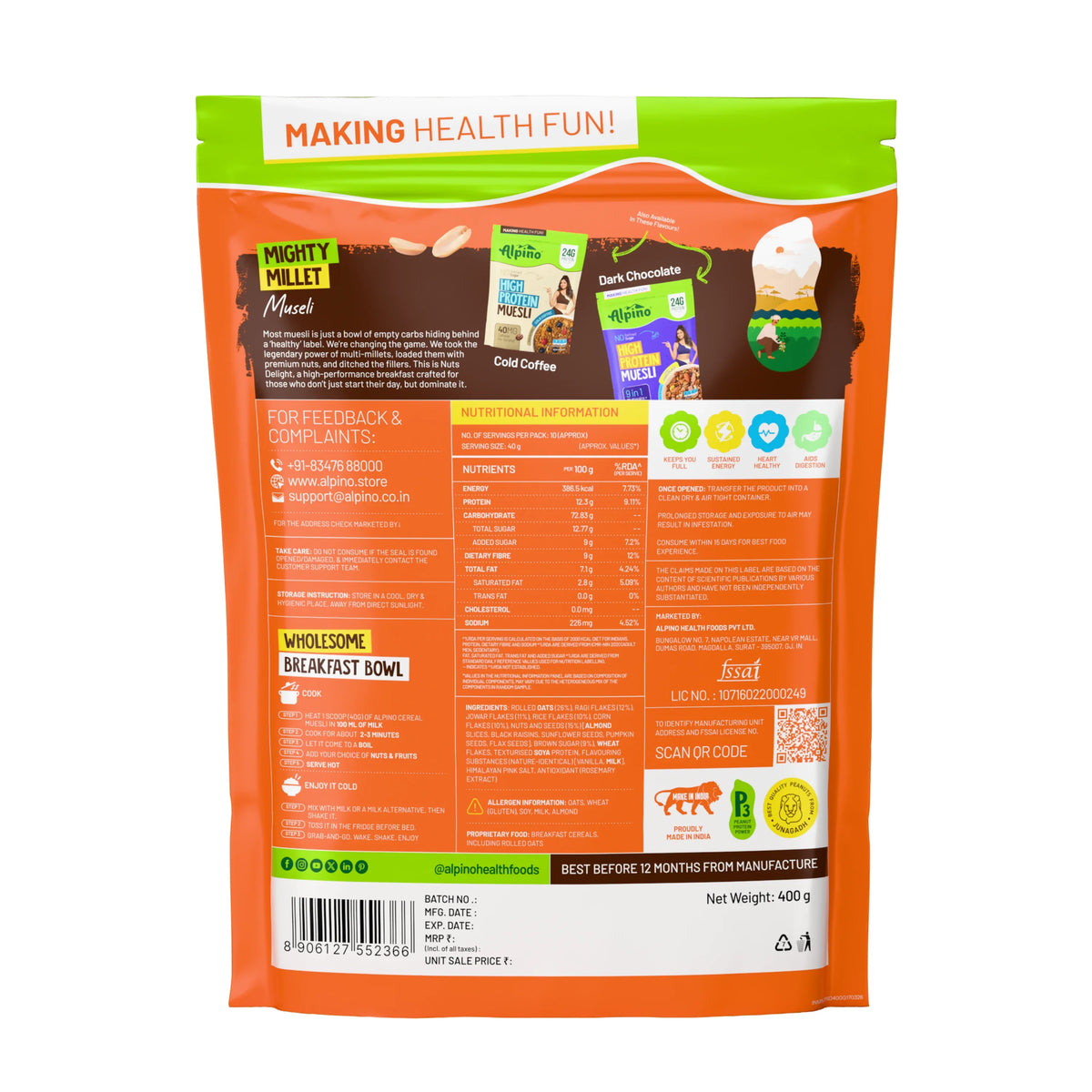 Alpino Millet Muesli Nuts Delight 400 g back label with nutrition facts and ingredients
