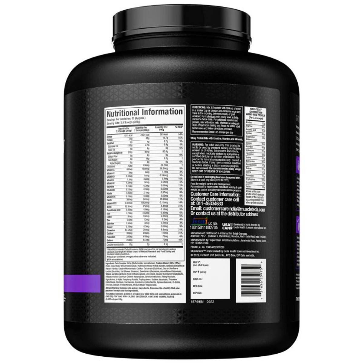 MuscleTech Mass-Tech Extreme 2000 3 kg Vanilla Milkshake — nutritional information