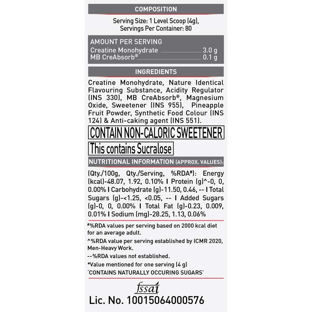 MuscleBlaze CreAMP Creatine Monohydrate, Watermelon Kool Aid, 320 g — composition, ingredients and nutrition information